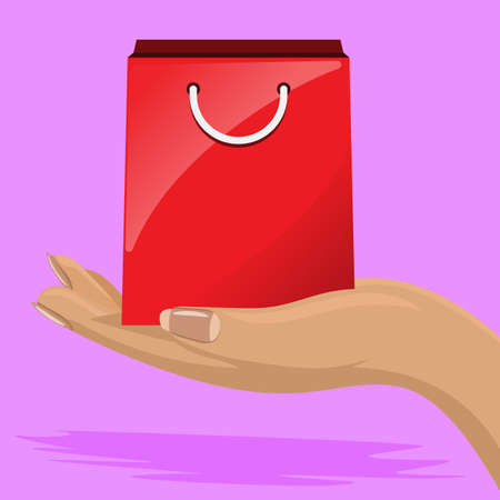 Shiny Shopping bag in female hand. Flat and solid color vector illustration.のイラスト素材