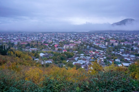 Sheki city view shot from mountain. 20 November 2019. Sheki Azerbaijan