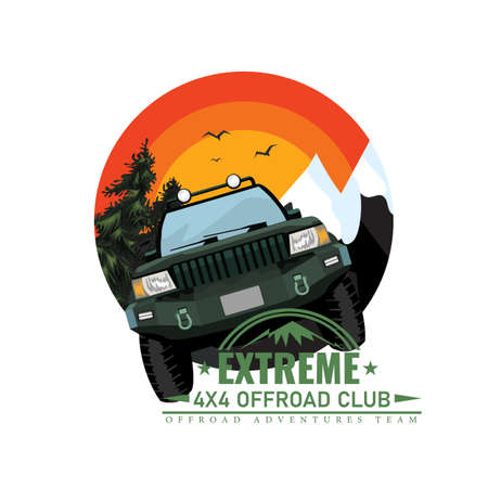 Off-road car or expedition offroader with mountain and forest nature background for round or circle label badge. Vector illustration.のイラスト素材