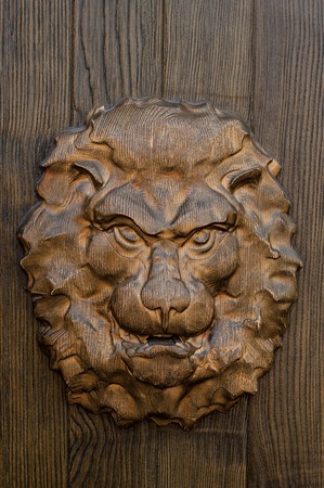 A head of the lion engraved on the gate door. Covered with varnish. With golden orange shine.の写真素材