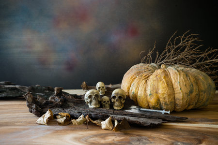 Still life, Awesome pile of skull put on the rod with a pumpkinの写真素材