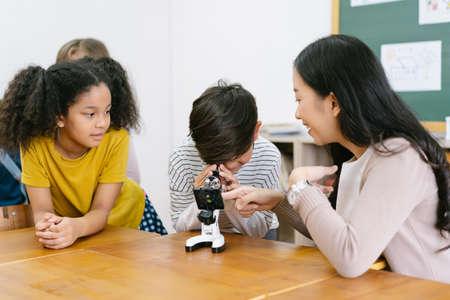 Attentive elementary schoolboy and Asian female teacher with microscopes in science classroom at school with friends. Education, elementary school, learning, science workshop concept.の写真素材