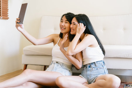 Two beautiful Asian girls  or lesbian couple setting on the floor and waving hands making distance video call looking at digital tablet with friends in holiday relaxing together at home.の写真素材