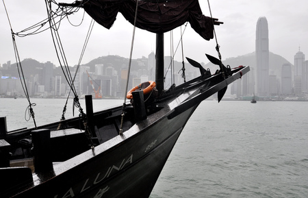 Ship with city in the backgroundのeditorial素材