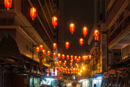 Chinese market with lanterns at night in Kuala Lumpur, Malaysiaのeditorial素材