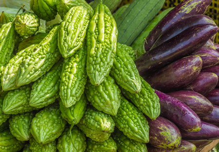 Fresh eggplant and momordica on the marketの写真素材