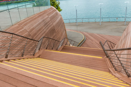 decorative wooden stairs near the waterfront, Singaporeのeditorial素材