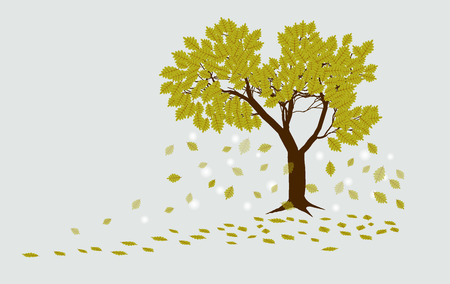 autumn oak tree with falling leaves on a light gray backgroundのイラスト素材
