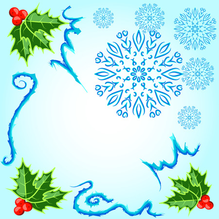 Christmas card with snowflakes and holly leaves on light blueのイラスト素材