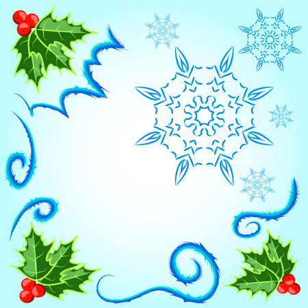 Christmas card with frosty patterns, snowflakes and holly leaves on light blueのイラスト素材