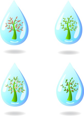 a set of small abstract  trees in a drop of water on whiteのイラスト素材