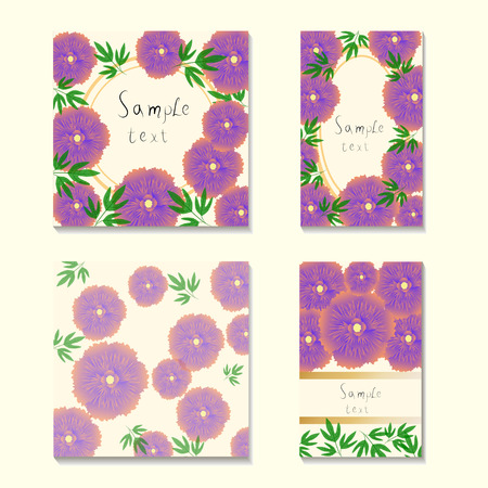 square and rectangular cards with the image of multi-colored stylized peonies: pink, purple, blue, red.のイラスト素材