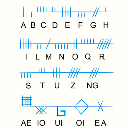 Set of old sacred celtic Ogham alphabet. Ancient occult symbols,  on white. Vector illustration.のイラスト素材