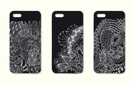 A set of three mobile phone cases. Vector background in zentangle style. Handdrawn elements.のイラスト素材