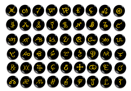 A set of  golden alchemical symbols carved on stone isolated on white. Hand drawn elements for design. Mystical, esoteric, occult theme.のイラスト素材