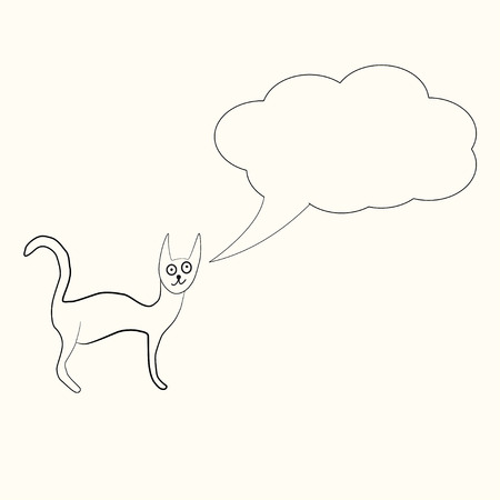 Odd funny primitive style cat with text bubble. Freehand drawing, line art, black and white doodle style icon.のイラスト素材