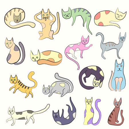 Set of odd funny primitive style cats. Freehand drawing, line art, doodle style icon. Cute cats expressing different emotions.のイラスト素材