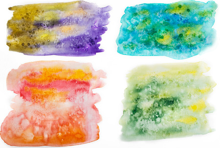 Set of abstract watercolor  hand painted background isolated on white. Watercolor stains. Orange, green, blue.の写真素材