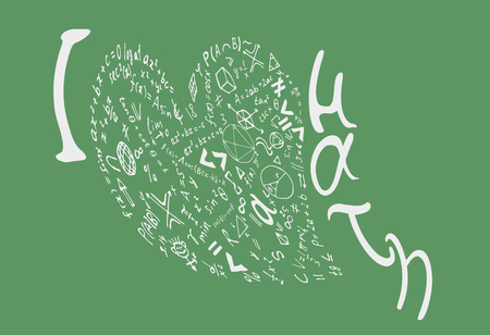 Text lettering of an inspirational phrase "I Love math" in the shape of a heart . Hand drawn vector illustration on green background.のイラスト素材