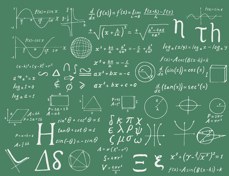 Set of hand drawn mathematical formulas and signs isolated on green background. Vector education and scientific illustration.のイラスト素材
