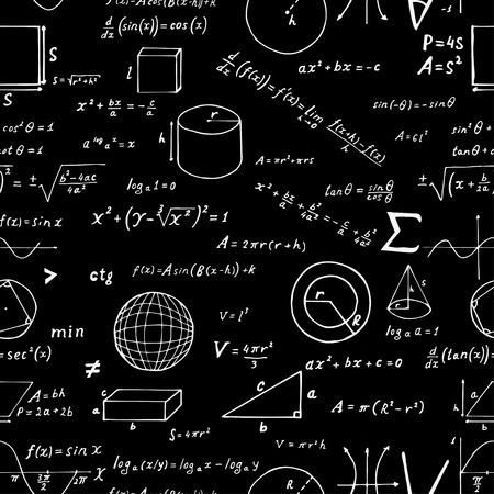Seamless pattern, hand drawn mathematical formulas and signs isolated on black background. Vector education and scientific illustration.のイラスト素材