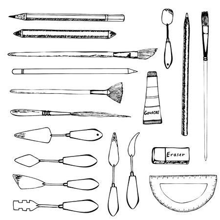 Hand drawn art tools set. Isolated on white. Vector illustration.のイラスト素材