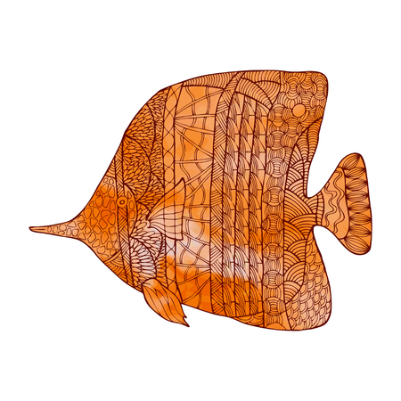 Hand drawn stylized fish with doodle, floral, vintage elements and watercolor background. Isolated on white. Vector illustration.のイラスト素材