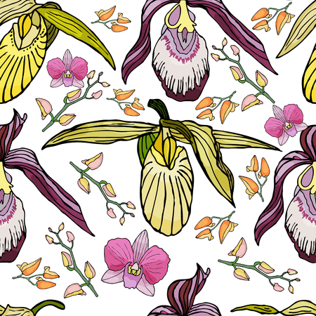 Seamless pattern with hand drawn orchids and floral elements. Colored vector illustration.のイラスト素材