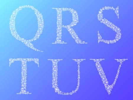 Set of water drops latin alphabet letters Q, R, S, T, U, V.. Artistic vector font on gradient background.のイラスト素材