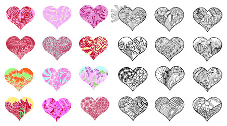 Large set of  heart  with abstract floral pattern inside.のイラスト素材