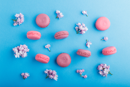 Purple and pink macaron or macaroon cakes with lilac flowers on pastel blueの写真素材