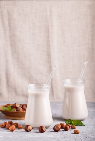 Organic non dairy hazelnut milk in glass and wooden plate with hazelnuts on a gray concreteの写真素材