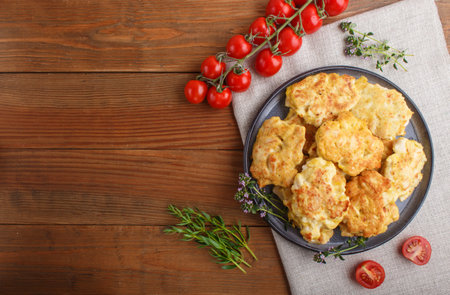 Minced chicken cutlets with herbs on brown wooden