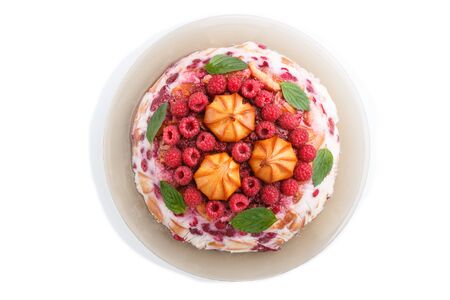 Homemade jelly cake with milk, cookies and raspberry isolated on white background. top view. flat lay, close up.の写真素材