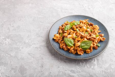 Fried chanterelle mushrooms with basil and spice herbs on gray concrete background. Side view, copy space.の写真素材