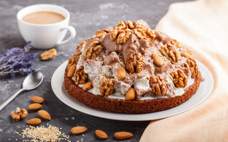 Homemade cake with milk cream, cocoa, almond, hazelnut on a black concrete  background with orange...