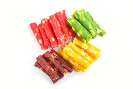 Set of various traditional turkish delight (rahat lokum) isolated on white background. top view. flat lay, close up.の写真素材