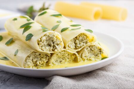 Cannelloni pasta with egg sauce, cream cheese and oregano leaves on a gray concreteの写真素材