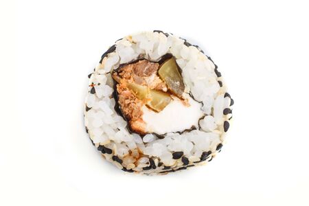 Japanese maki sushi rolls with salmon, sesame, cucumber isolated on whiteの写真素材