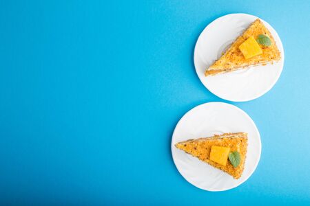 Homemade cake with persimmon and pumpkin on a blueの写真素材