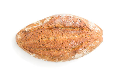 Fresh homemade golden bread with different seeds isolated on white background. top view, close up,...