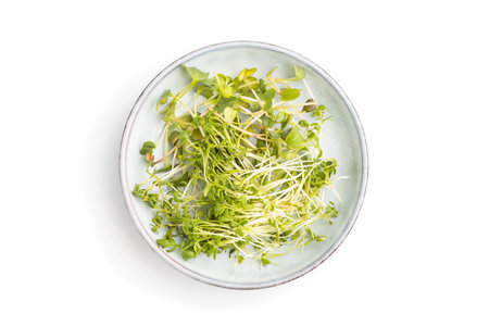 Ceramic plate with microgreen sprouts of radish and cress isolated on white background. Top view,...