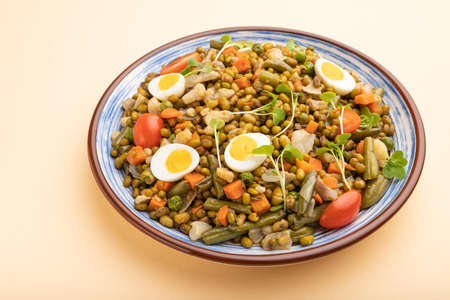 Mung bean porridge with quail eggs, tomatoes and microgreen sprouts on a pastel orange background. Side view, close up.の写真素材