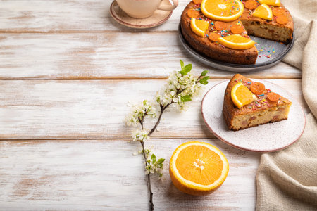 Orange cake and a cup of coffee on a white wooden background and linen textile. Side view, copy...