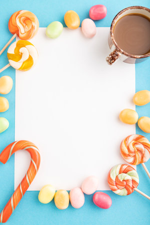 Composition with candies frame on blue pastel background. copy space, top view, flat lay, template.の写真素材