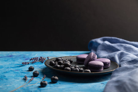 Purple macarons or macaroons cakes with blueberries on ceramic plate on a blue and black background and blue textile. Side view, copy space, selective focus.の写真素材
