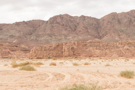 Desert, red mountains, rocks and cloudy sky. Egypt, color canyon, the Sinai Peninsula, Dahab.