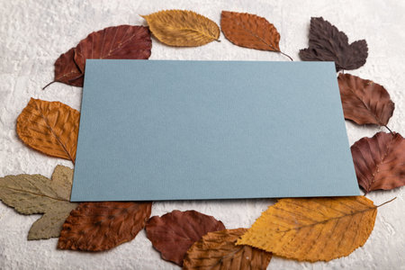 Blue paper business card with yellow and brown autumn leaves, mockup on gray concrete background. Blank, side view, still life, copy space.の写真素材