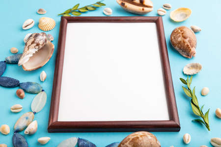 Composition with wooden frame, seashells, green boxwood. mockup on blue pastel background. Blank, side view, still life, copy space. travel concept.の写真素材