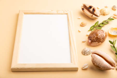 Composition with wooden frame, seashells, green boxwood. mockup on orange background. Blank, side view, still life, copy space. travel concept.の写真素材